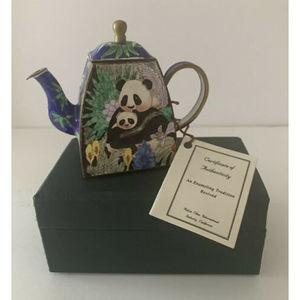 KELVIN CHEN COLLECTABLE MINIATURE ENAMEL TEAPOT, PANDA MOTHER with BABY, 1999